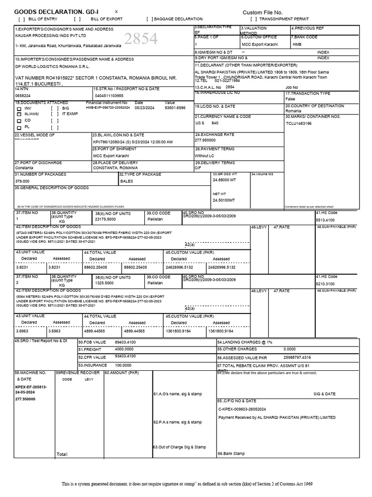 Export Goods Declaration Document | PDF