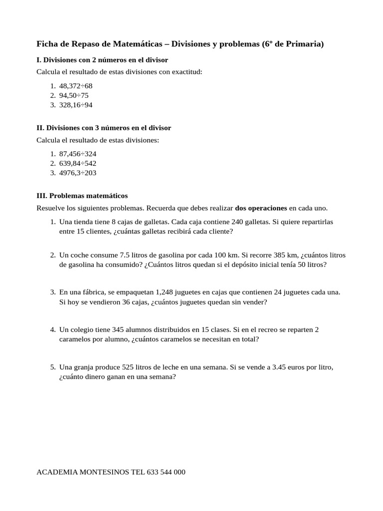 Divisiones y Problemas Matemáticos 6º Primaria | PDF