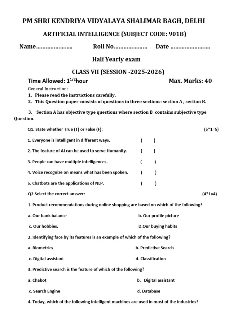Class 7 AI Half Yearly Exam Paper | PDF | Artificial Intelligence ...