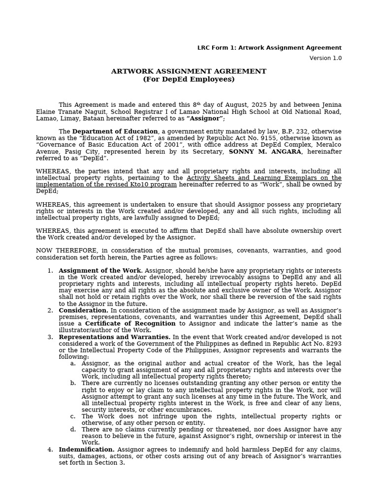 Artwork Assignment Agreement Deped 2025 | PDF | Assignment (Law ...