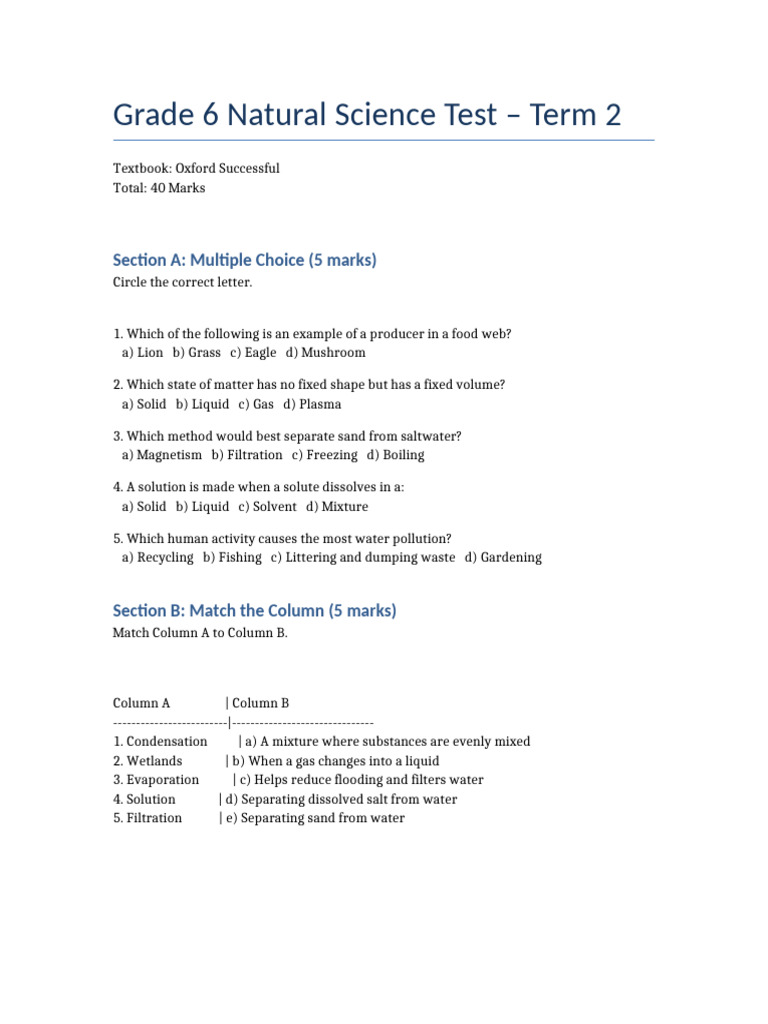 Grade6 NaturalScience Test Term2 | PDF | Water | Chemistry