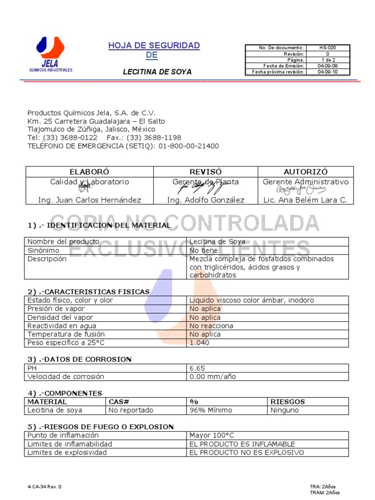 020 Lecitina de Soya MSDS PDF Sustancias químicas Materiales