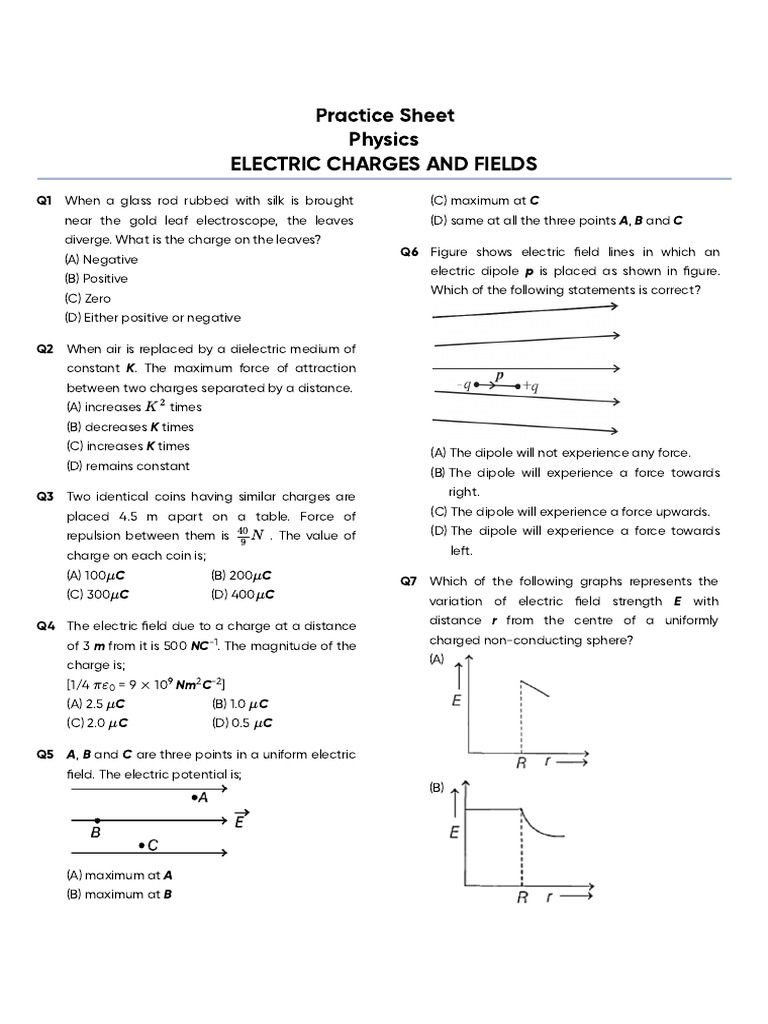 Electric Charges and Fields Practice Sheet | PDF | Force | Mass