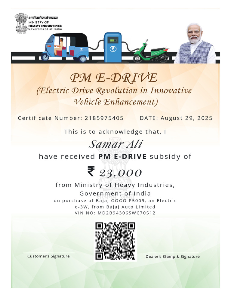 PM E-DRIVE Subsidy Certificate for Bajaj E-3W | PDF