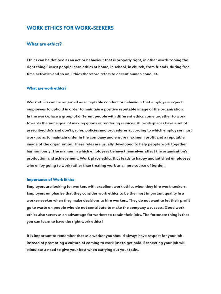 Work Ethics For Work-Seekers | PDF | Employment | Psychology
