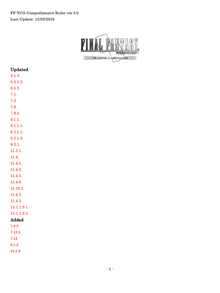 FF-TCG Comprehensive Rules 3.0 | PDF | Numbers | Playing Cards