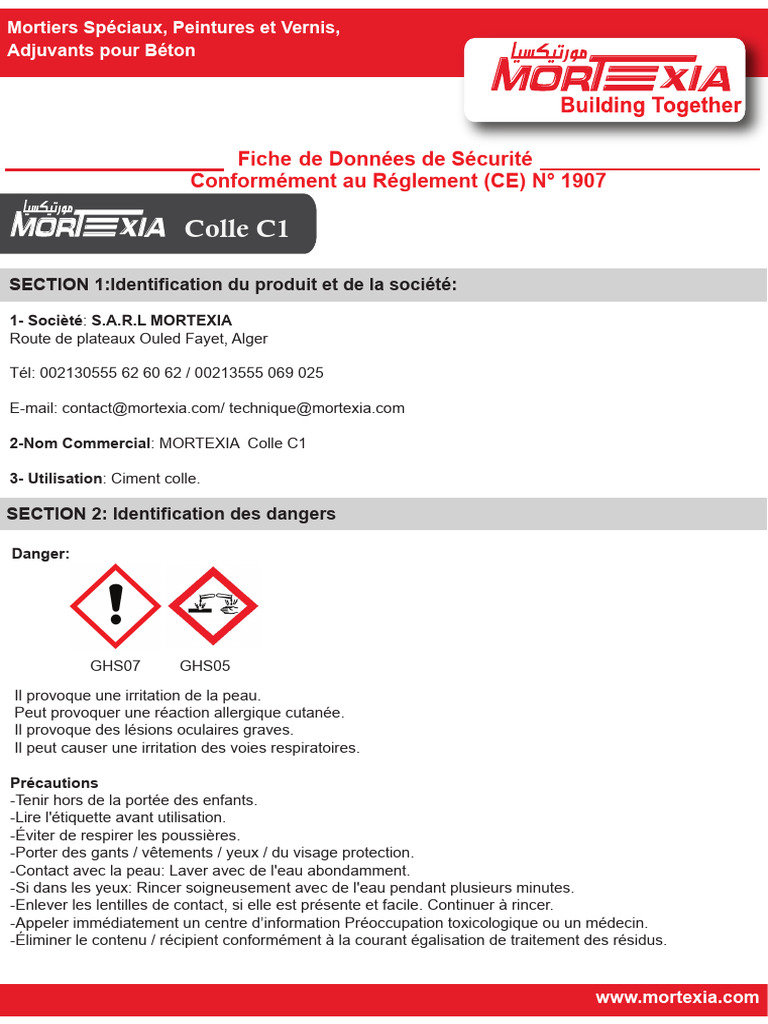 Fiche de Sécurité Colle C1 Mortexia | PDF | Substances chimiques | Peau