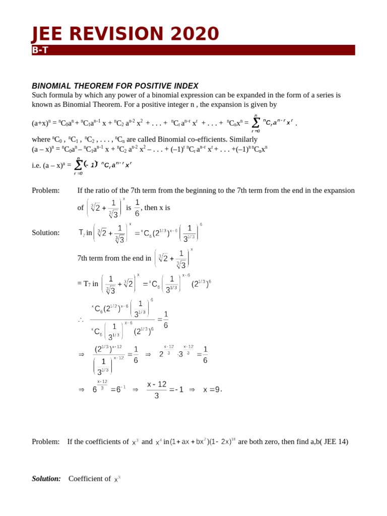 Binomial Theorem JEE Revision 2020 | PDF | Numbers | Elementary Mathematics