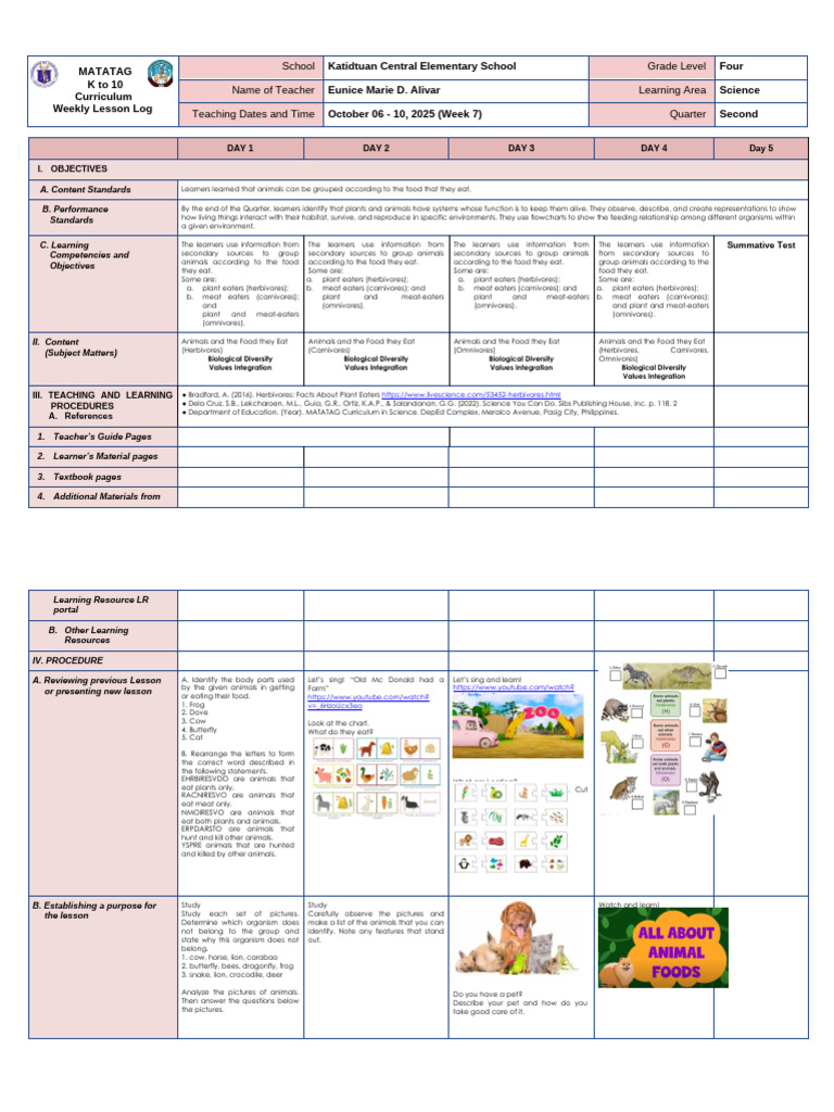 Grade 4 Science Weekly Lesson Plan | PDF | Foods | Herbivore