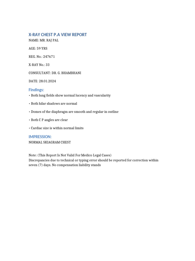 Normal Chest X-Ray Report for Raj Pal | PDF