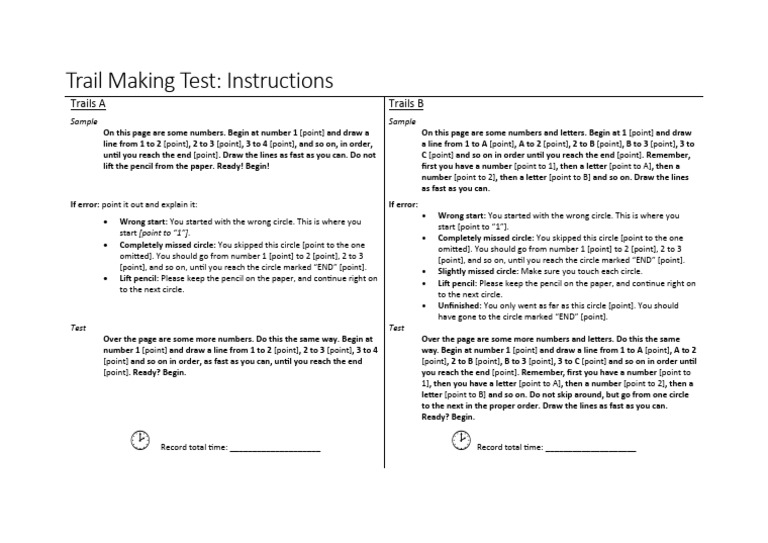 Trail Making Test Instructions | PDF