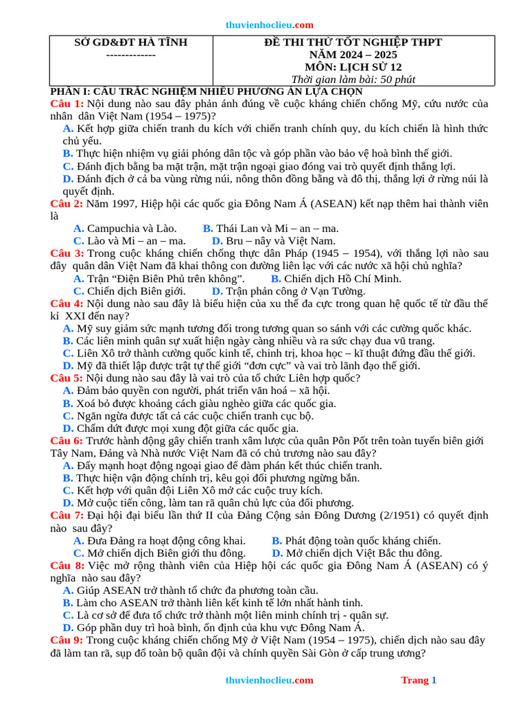 De Thi Thu TN THPT 2025 Lich Su So GD Ha Tinh | PDF