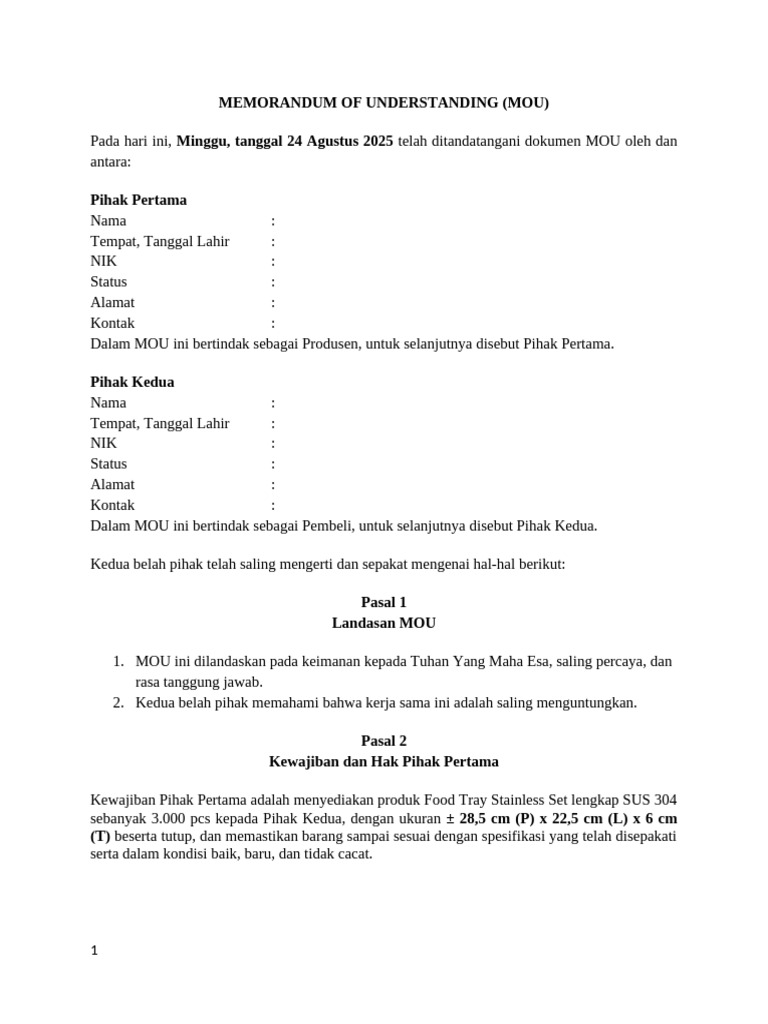 MOU Penjualan Food Tray Stainless 304 | PDF