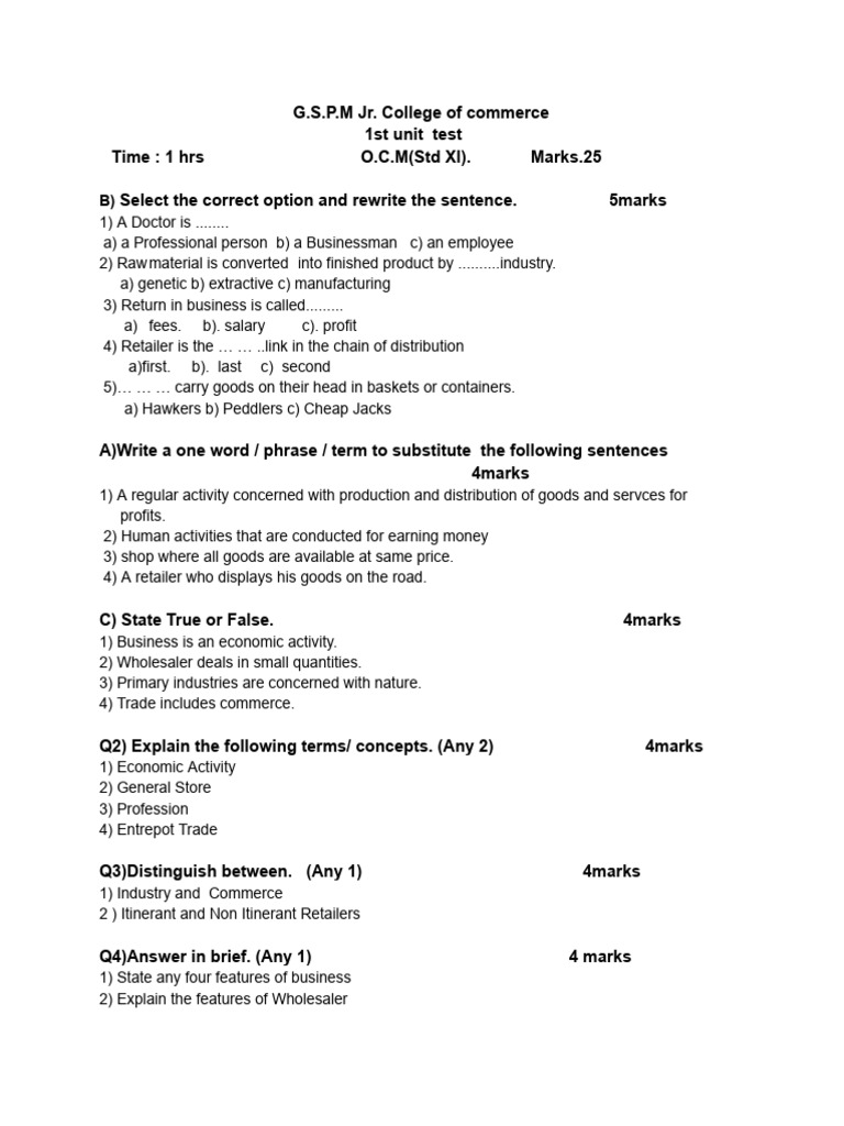 OCM Unit Test for Std XI Students | PDF