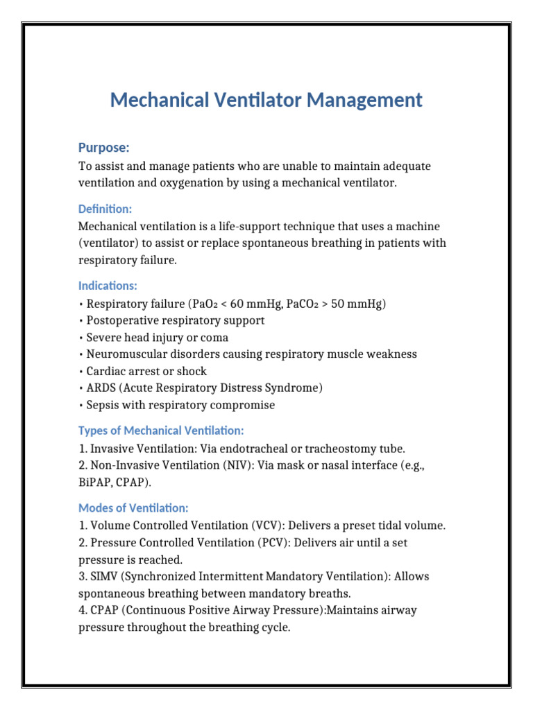 Mechanical Ventilator Management Guide | PDF | Respiratory System ...