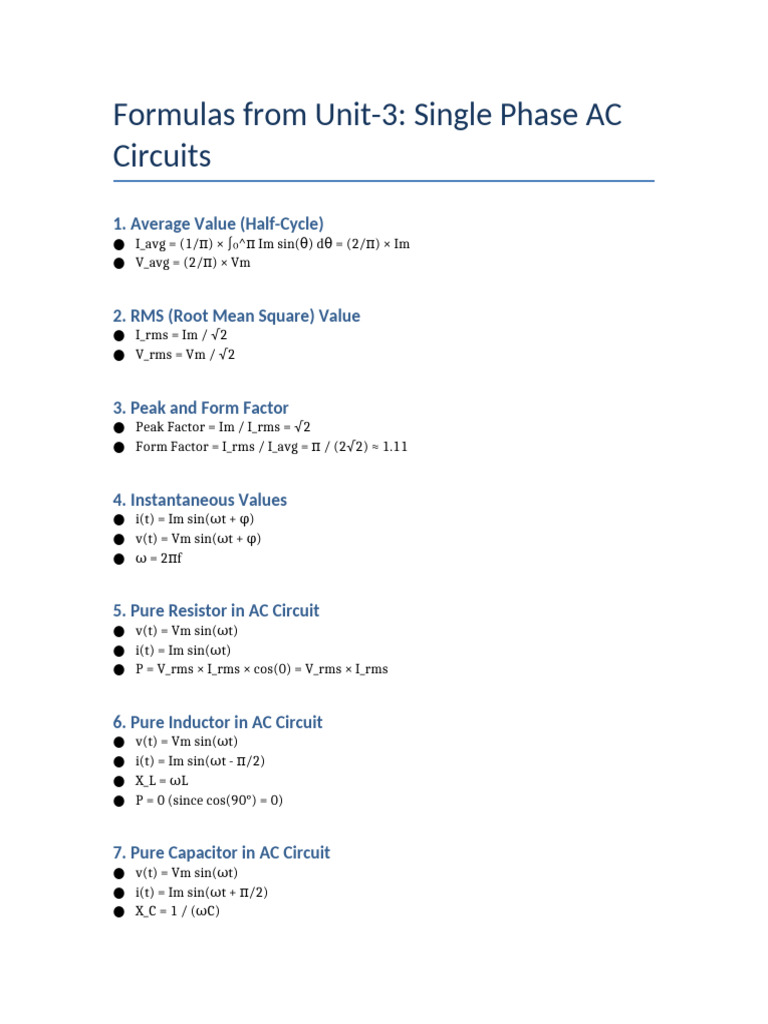 AC Circuit Formulas Overview | PDF