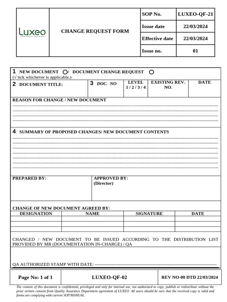 LUXEO-QF-21 Change Request Form | PDF
