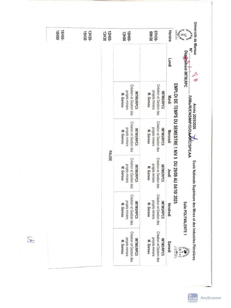 Emploi Du Temps Du Mois D'octobre 2025 ENSMIP | PDF