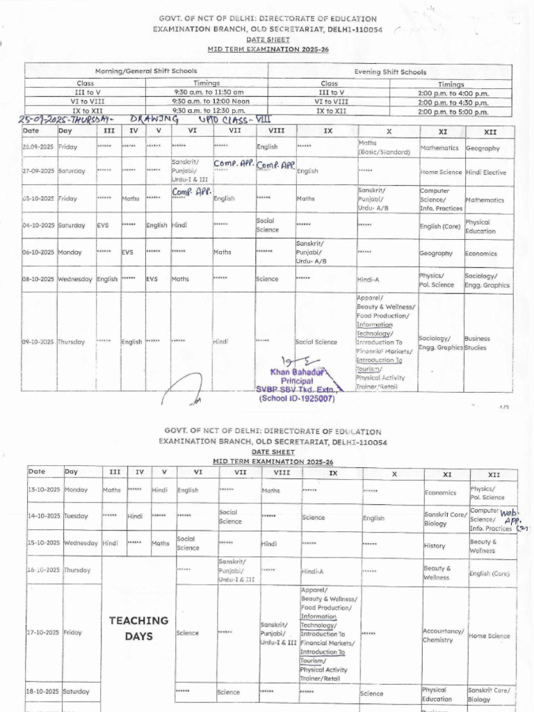 Mid Term Date Sheet 2025-26 | PDF