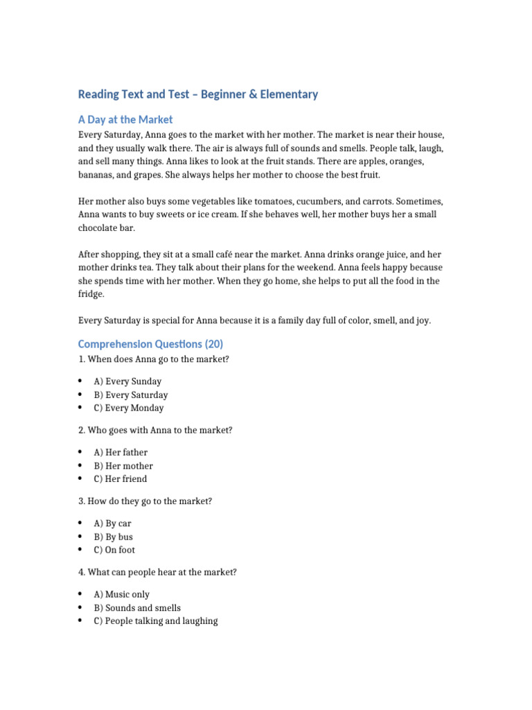 Anna's Market Day: Reading Comprehension | PDF | Fruit | Foods