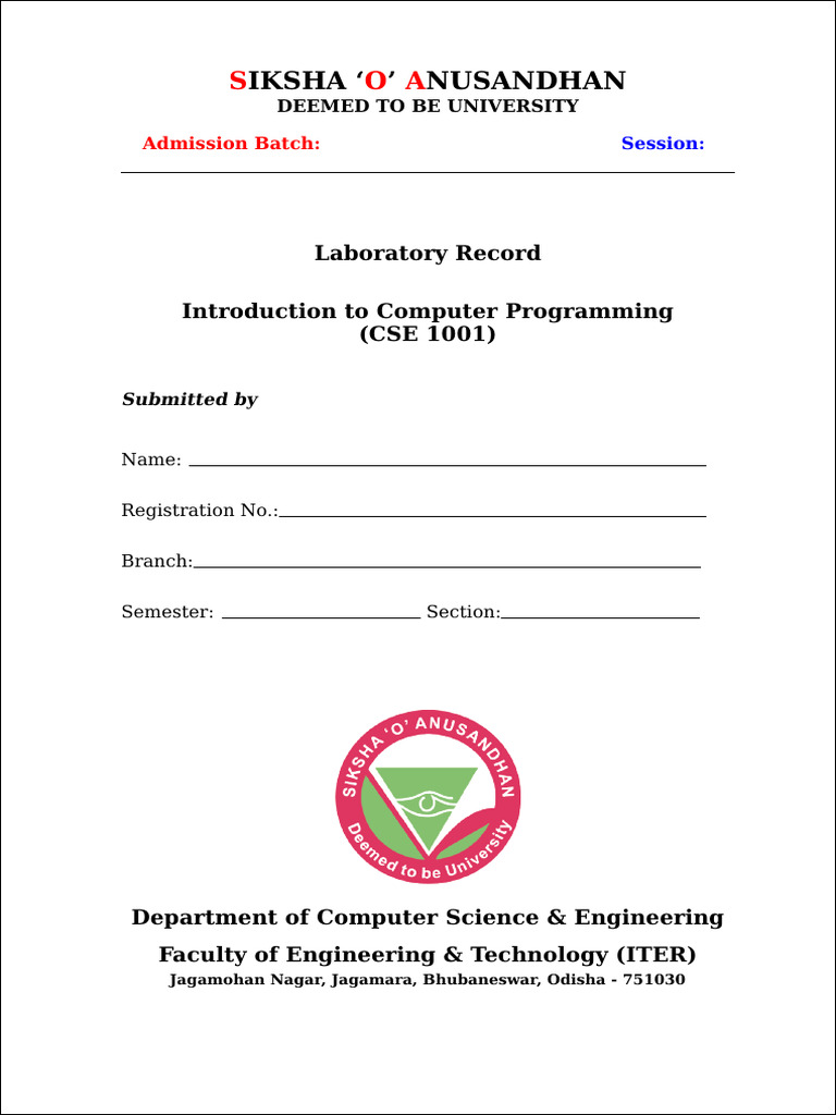 Computer Programming Lab Record CSE 1001 | PDF