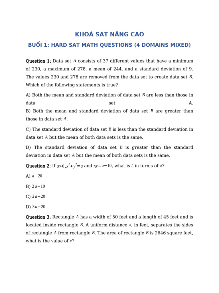 Advanced SAT Math Practice Questions | PDF | Triangle | Area