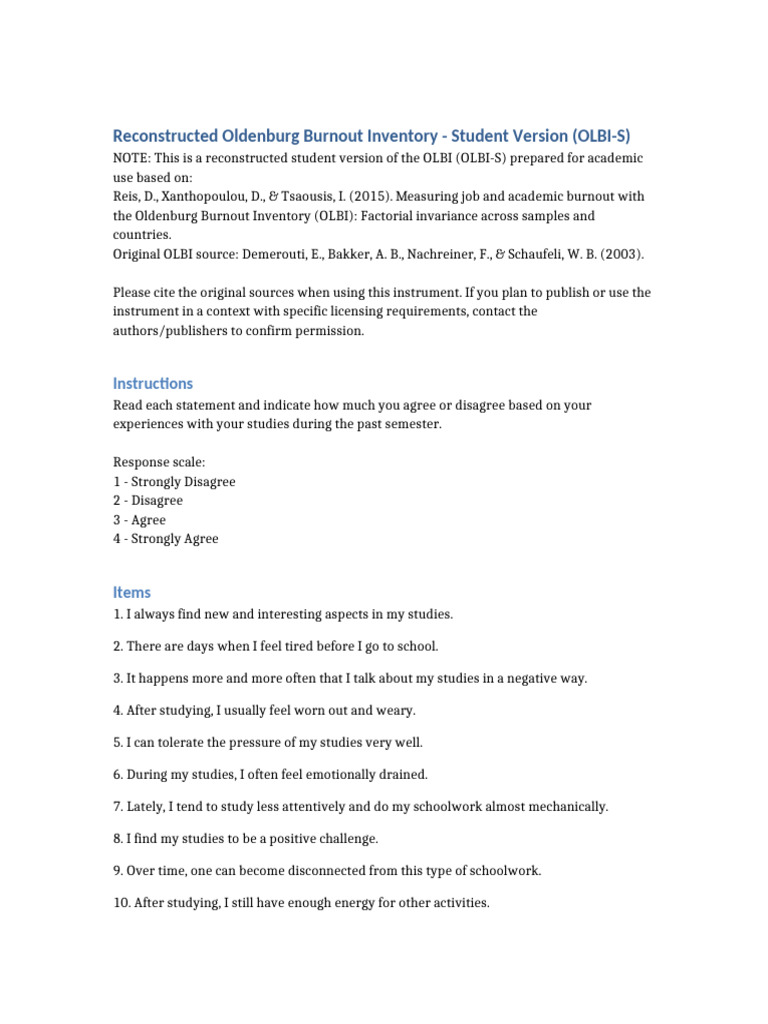 OLBI-S: Student Burnout Assessment Tool | PDF | Occupational Burnout ...