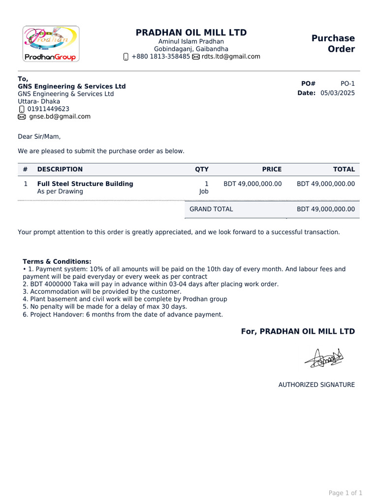 Pradhan Oil Mill Purchase Order Details | PDF