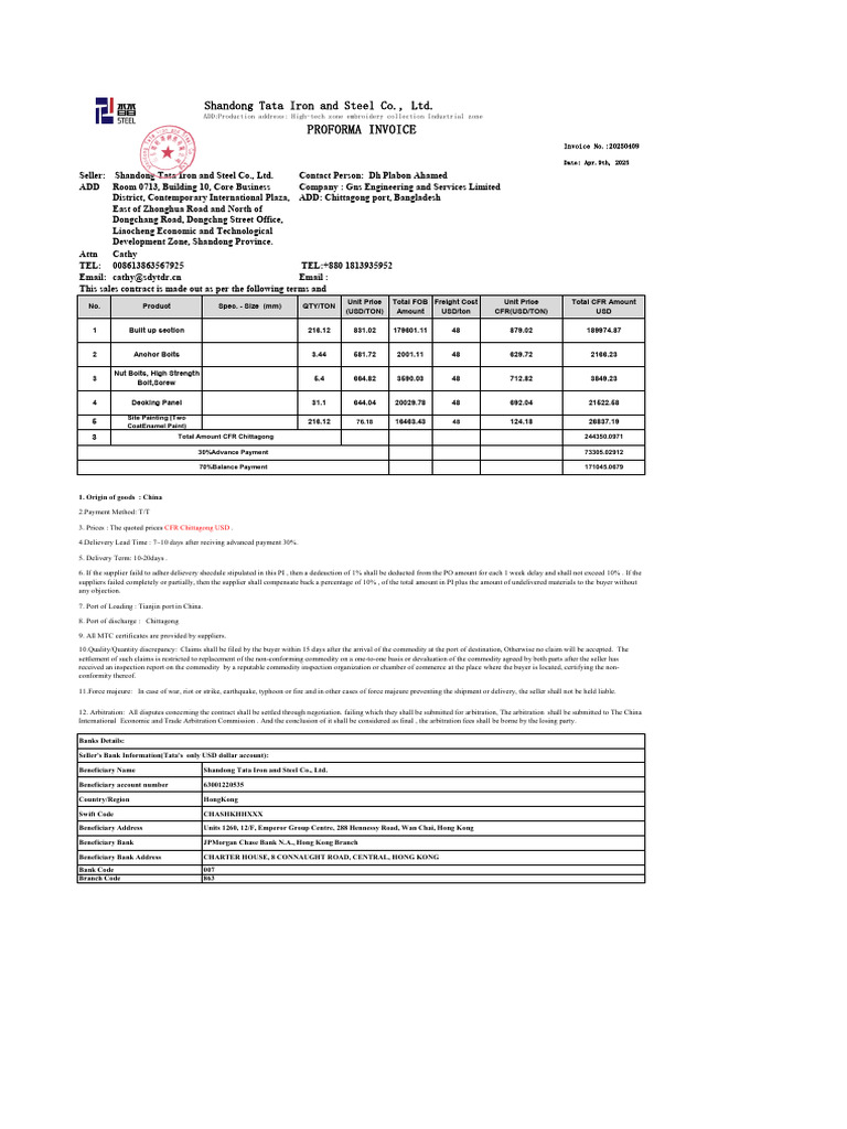 Proforma Invoice for Steel Products | PDF