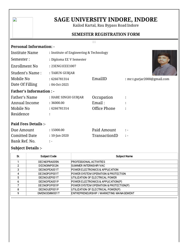 Diploma EE V Semester Registration | PDF