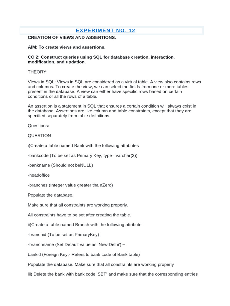 SQL Views and Assertions Creation Guide | PDF