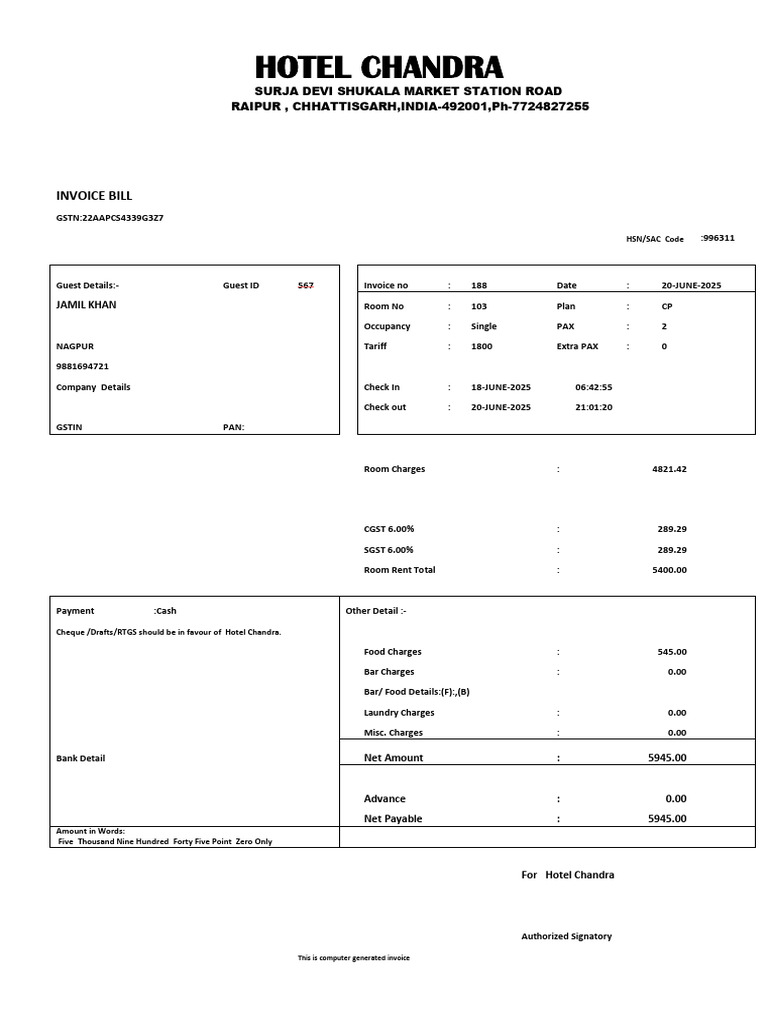 Hotel Chandra Invoice - June 2025 | PDF