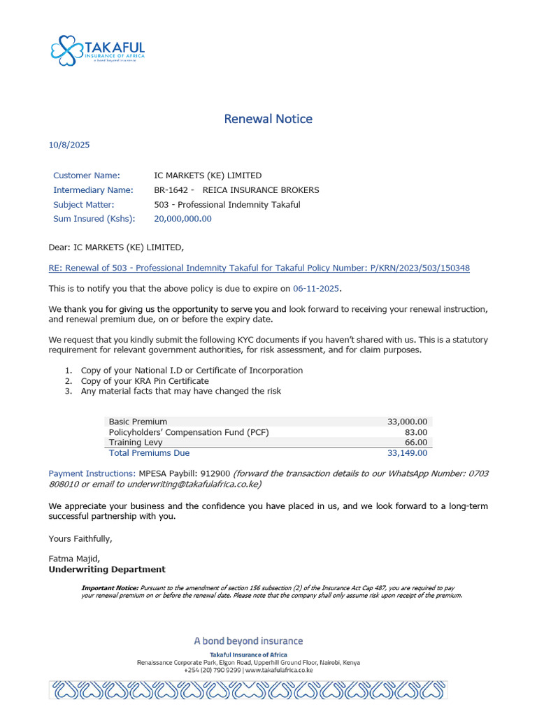 Renewal Notices IC Markets LTD | PDF | Insurance | Underwriting