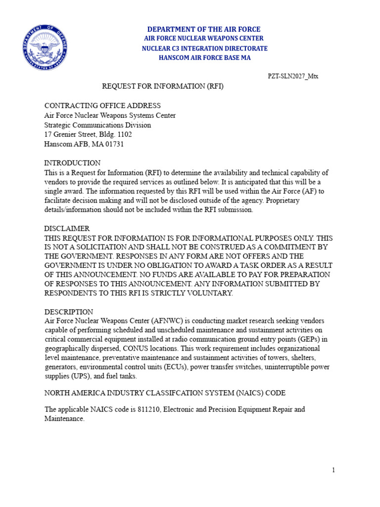 Air Force RFI for Equipment Maintenance | PDF