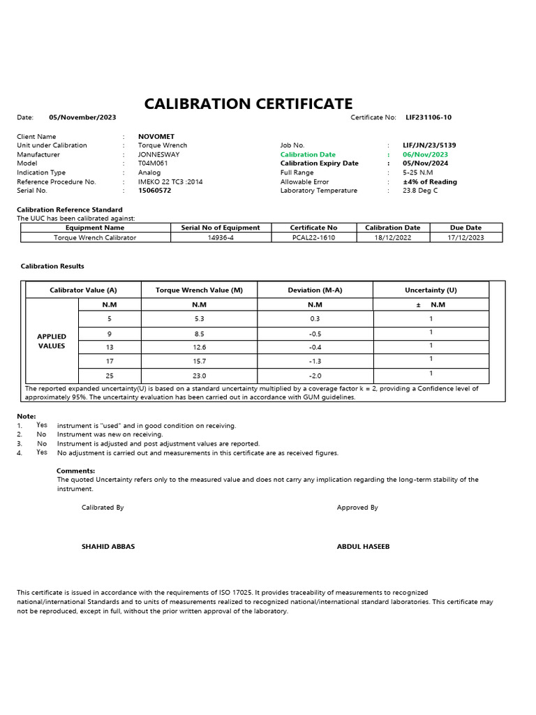 Torque Wrench Calibration Certificate | PDF | Calibration | Physical ...