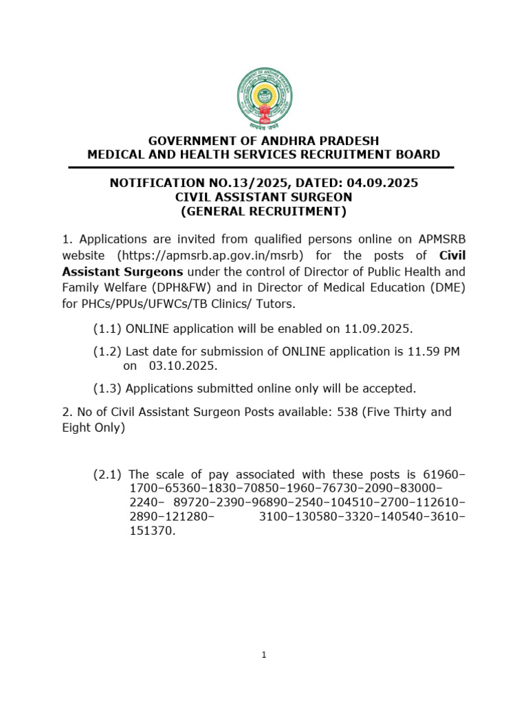 Civil Assistant Surgeon Recruitment 2025 | PDF