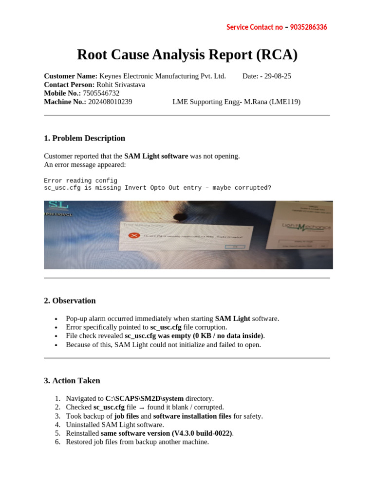 RCA for SAM Light Software Failure | PDF