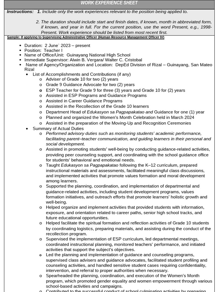 Work Experience for CS Form No. 212 | PDF | Curriculum | Behavior ...