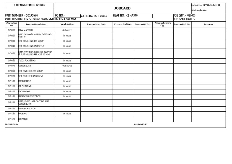 Torsion Shaft Job Card - K.B. Engineering | PDF