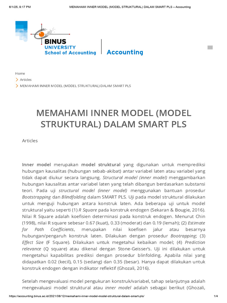 Memahami Inner Model (Model Struktural) Dalam Smart Pls - Accounting | PDF