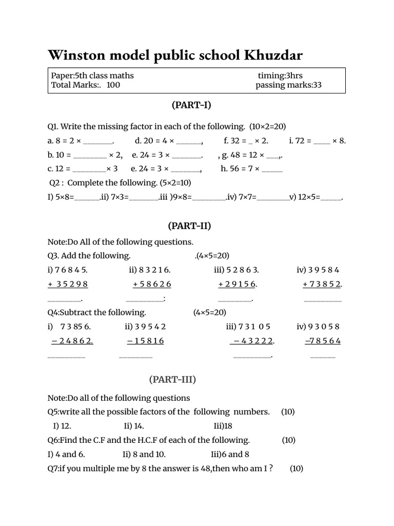 5th Grade Math Exam Paper Khuzdar | PDF