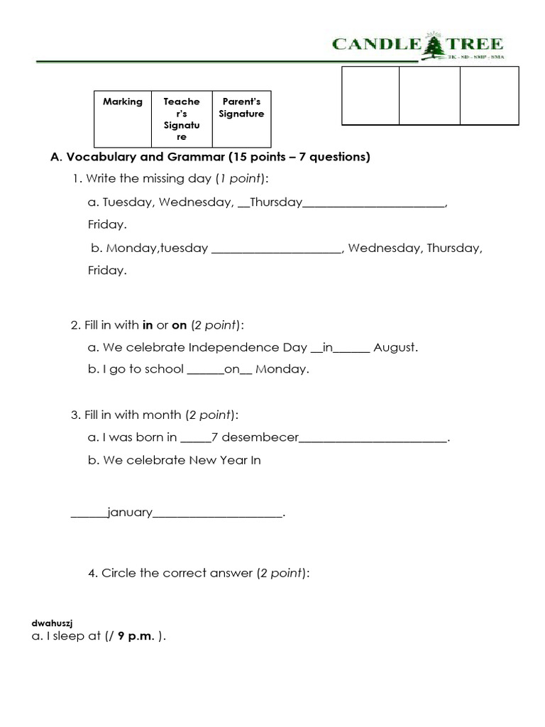 Vocabulary and Grammar Test for Kids | PDF | Chess Openings | Chess Theory