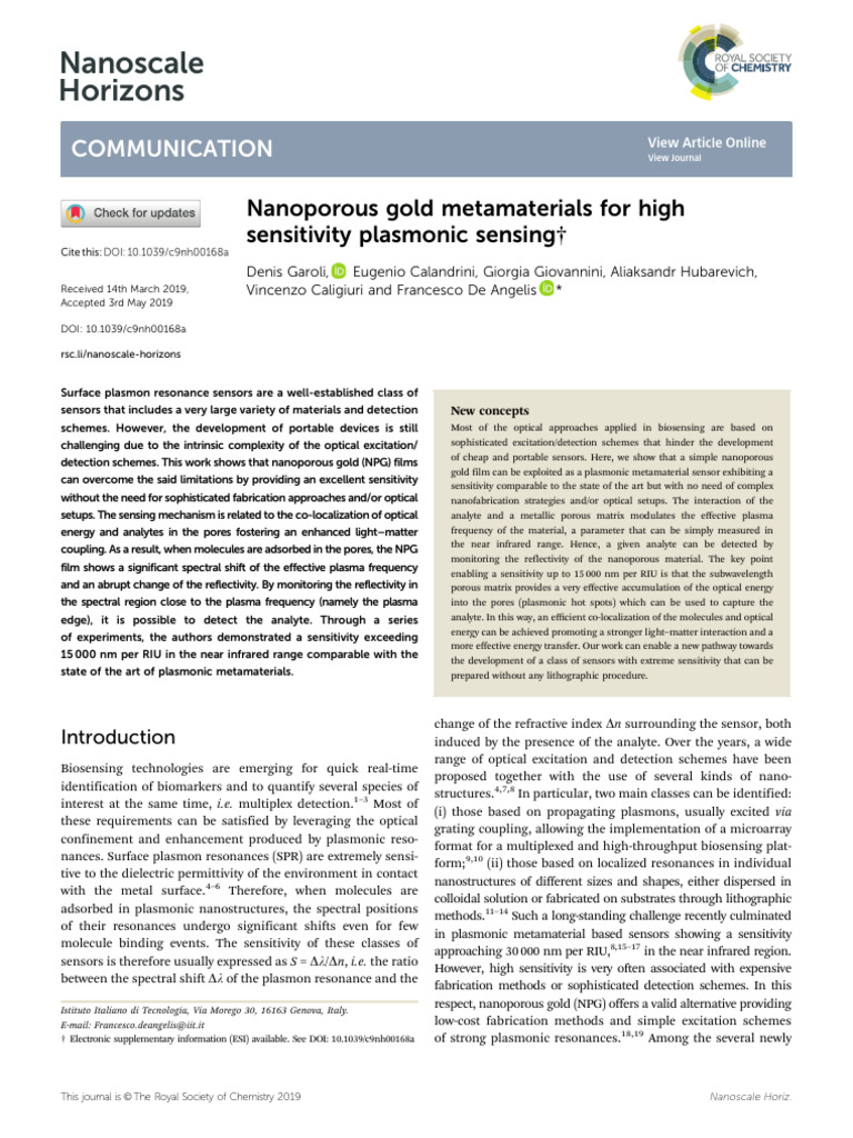 Nanoporous Gold for Sensitive Plasmonic Sensing | PDF | Plasmon ...