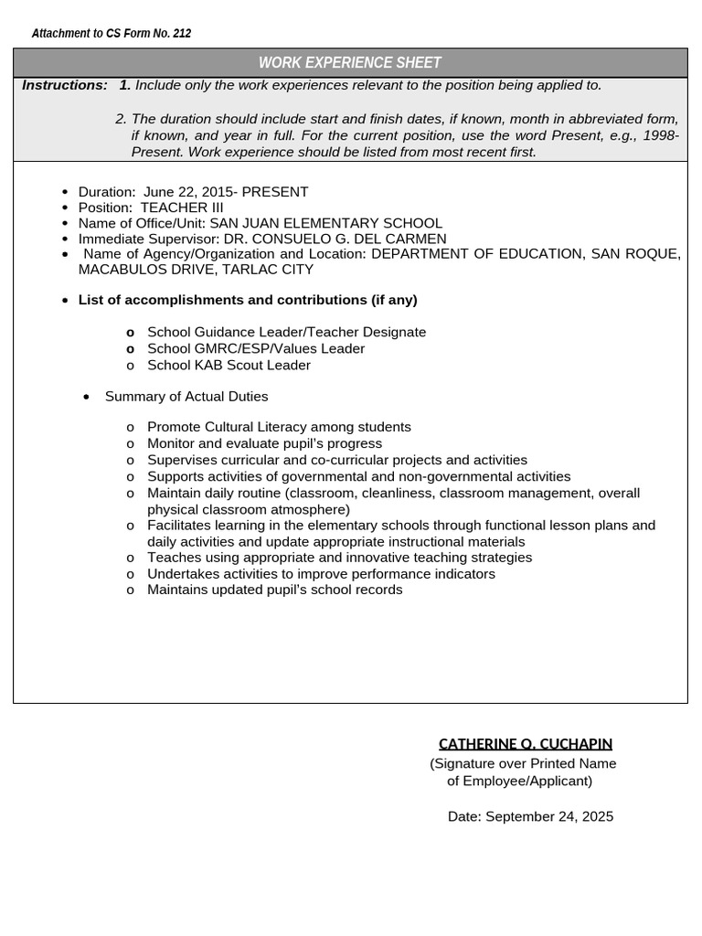 Teacher III Work Experience Overview | PDF