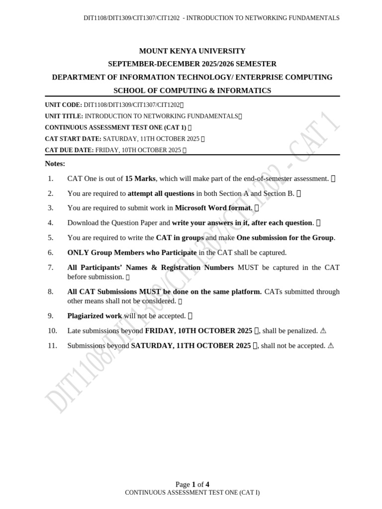 Networking Fundamentals CAT 1 Guide | PDF | Computer Network | Local ...