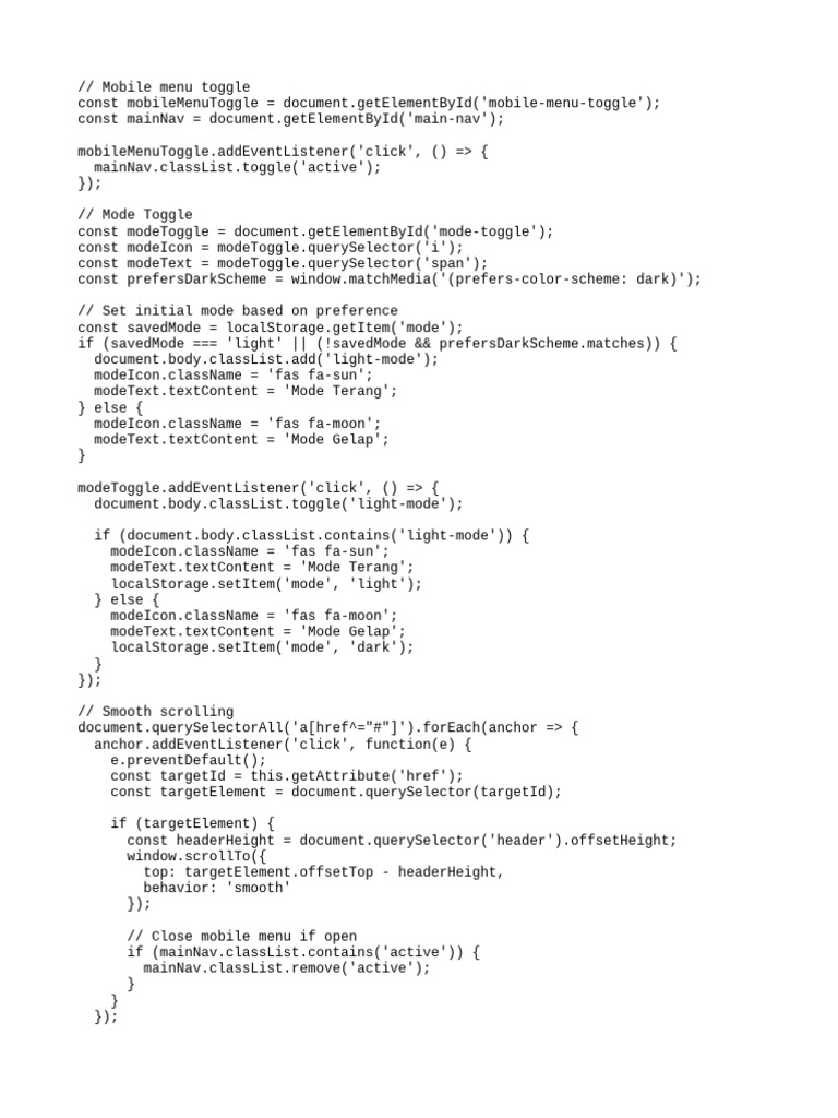 Mobile Menu and Mode Toggle Script | PDF | Computer Programming ...