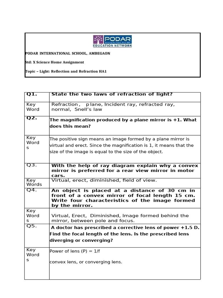 Light Reflection and Refraction Assignment | PDF
