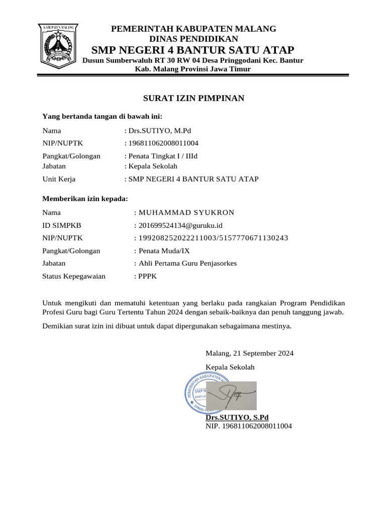 Surat Izin Program Pendidikan Guru 2024 | PDF