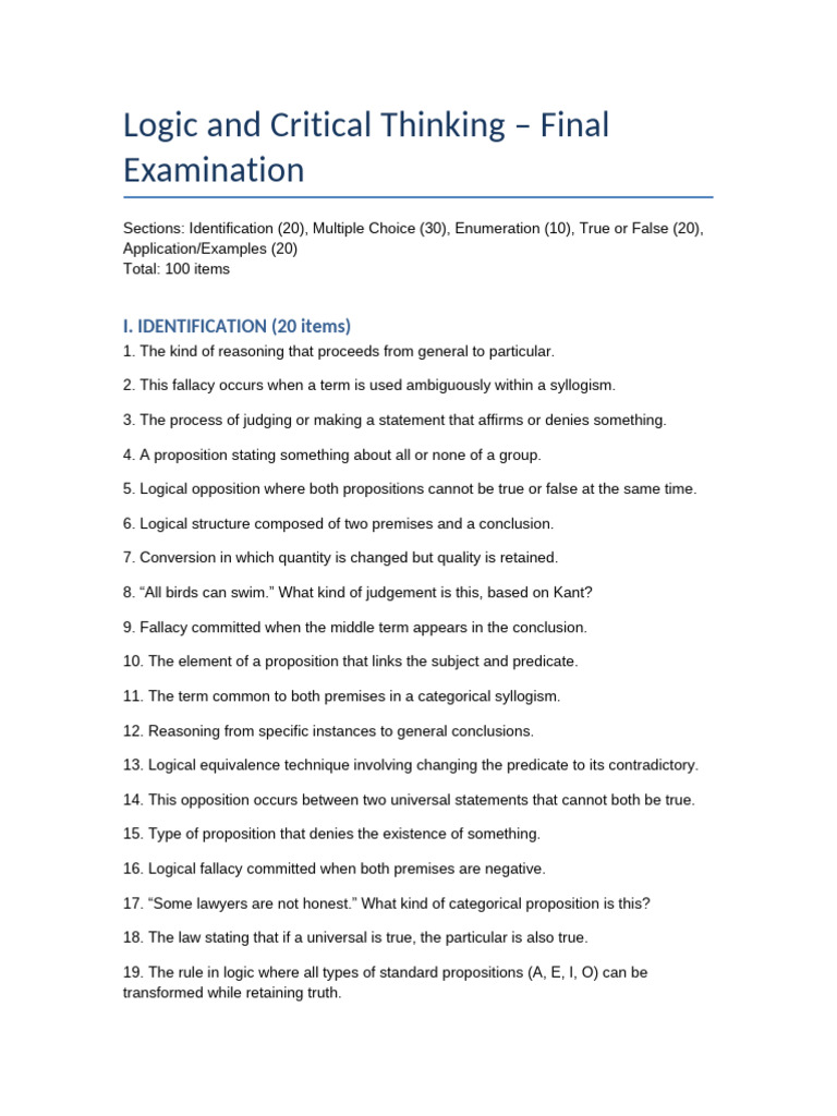 Logic and Critical Thinking Exam Guide | PDF | Logic | Reasoning