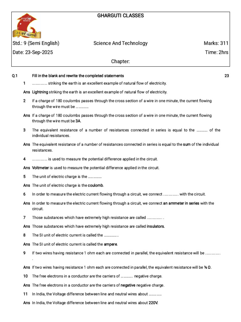 9th Grade Science Electricity Quiz | PDF | Voltage | Electric Current